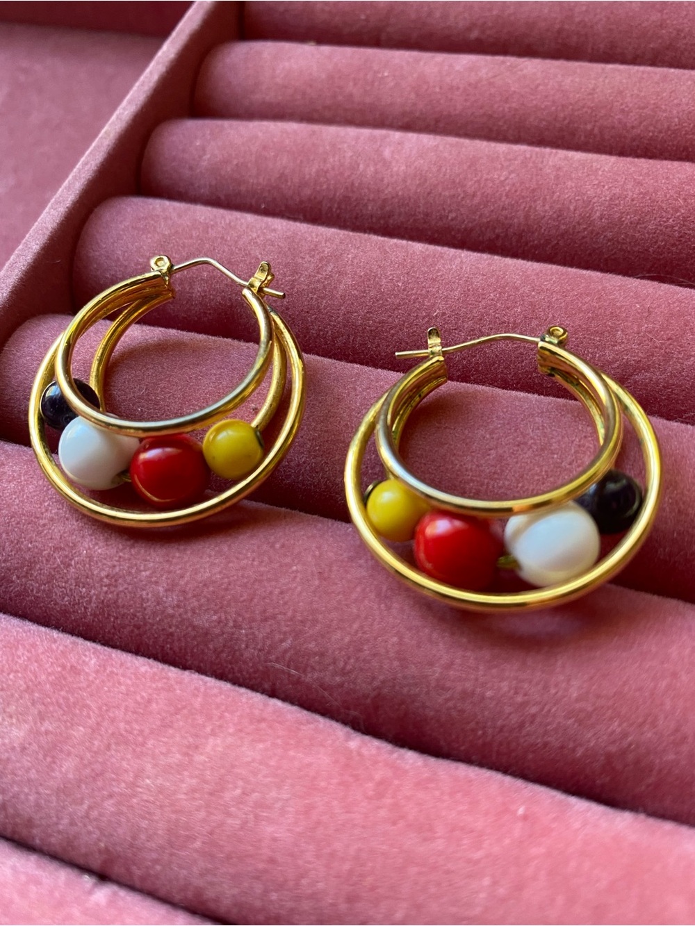 Vintage Gold Double Hoop Earrings with Colorful Beads- Yellow, Red, White & Blue